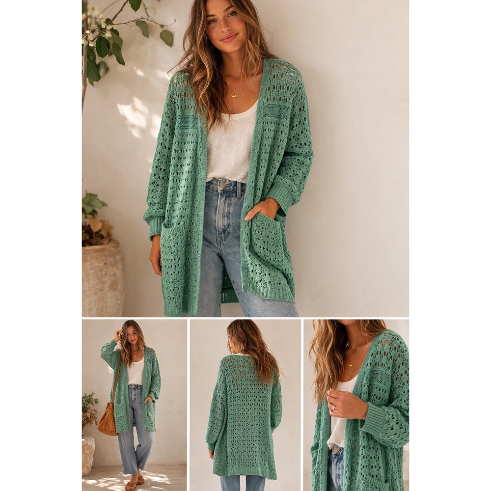 Anthropologie Far Away From Close Green Crochet Knit Open Cardigan Sweater M